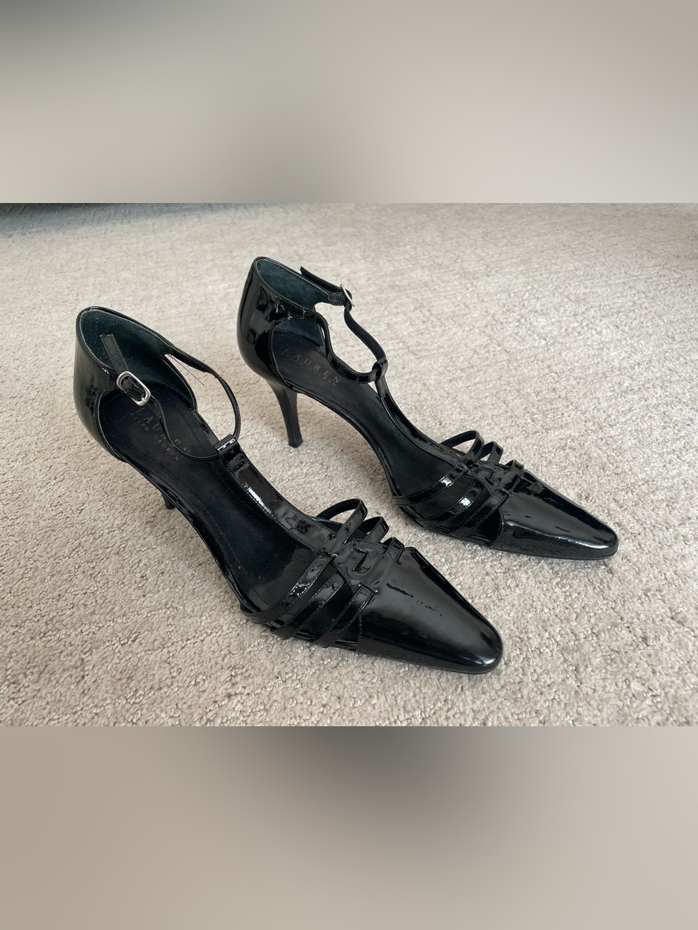 Ralph Lauren Black Patent Leather T-Strap Pointed Heels